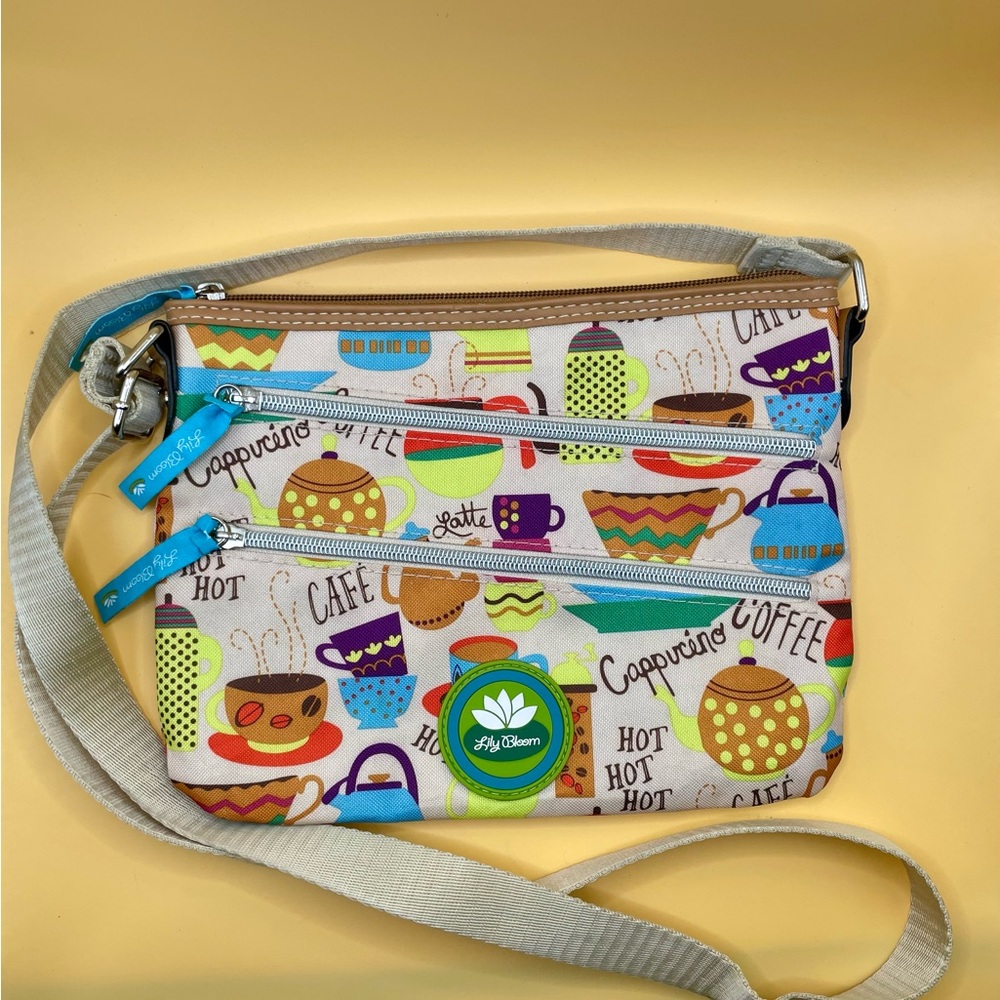 Lily Bloom Coffee Cafe Cross Body Zippered Bag Purse Crossbody